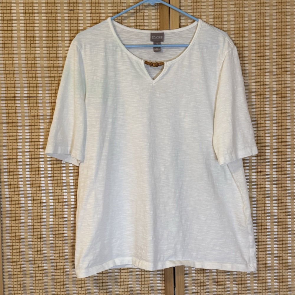 Chicos Womens 3/XL Top White Beaded Minimalist Casual Resort Beach Grannycore